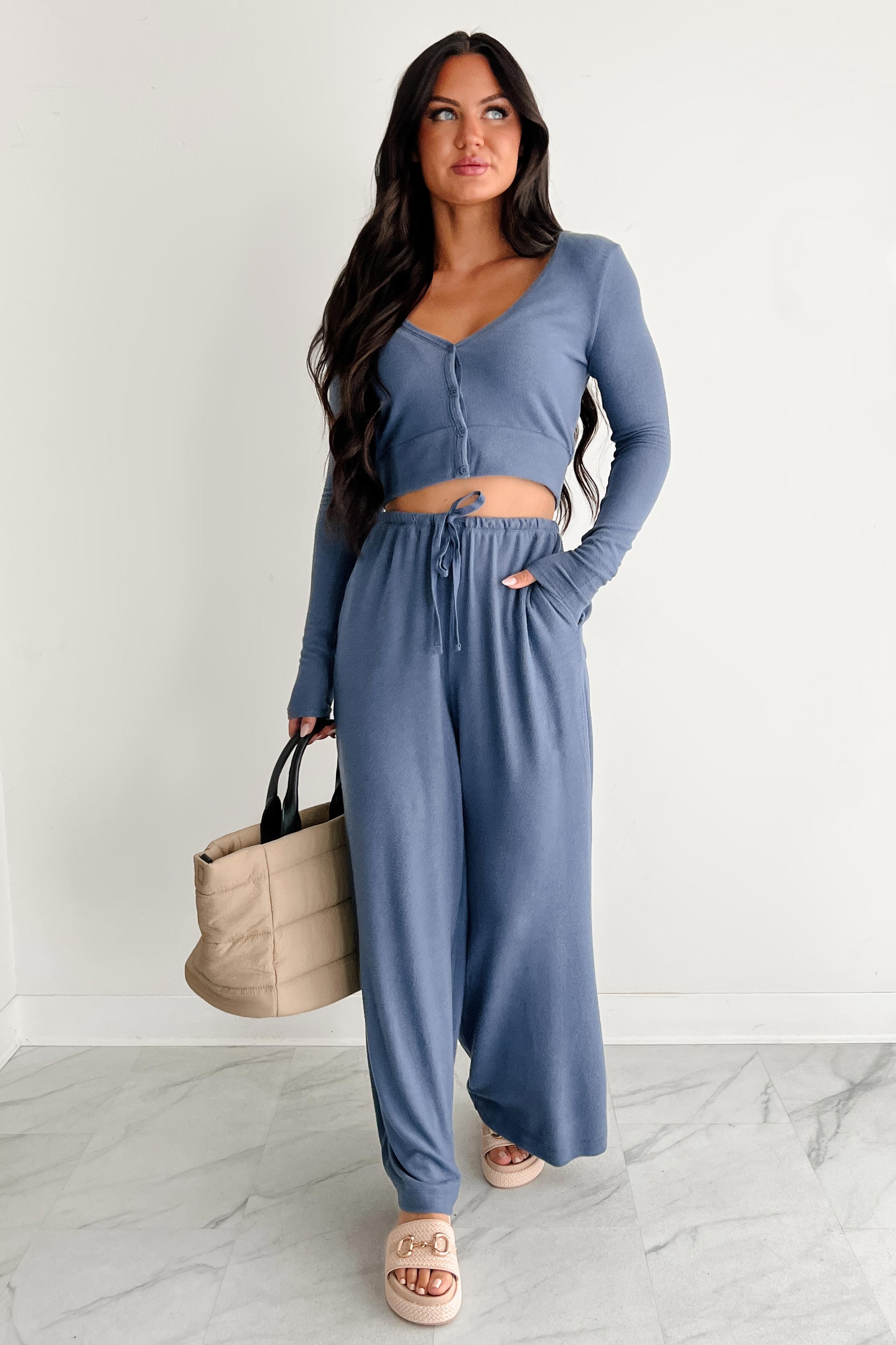 All Your Love Button Detail Long Sleeve Top (Dusty Navy)