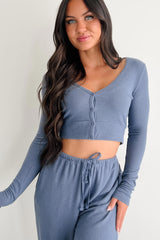 All Your Love Button Detail Long Sleeve Top (Dusty Navy)