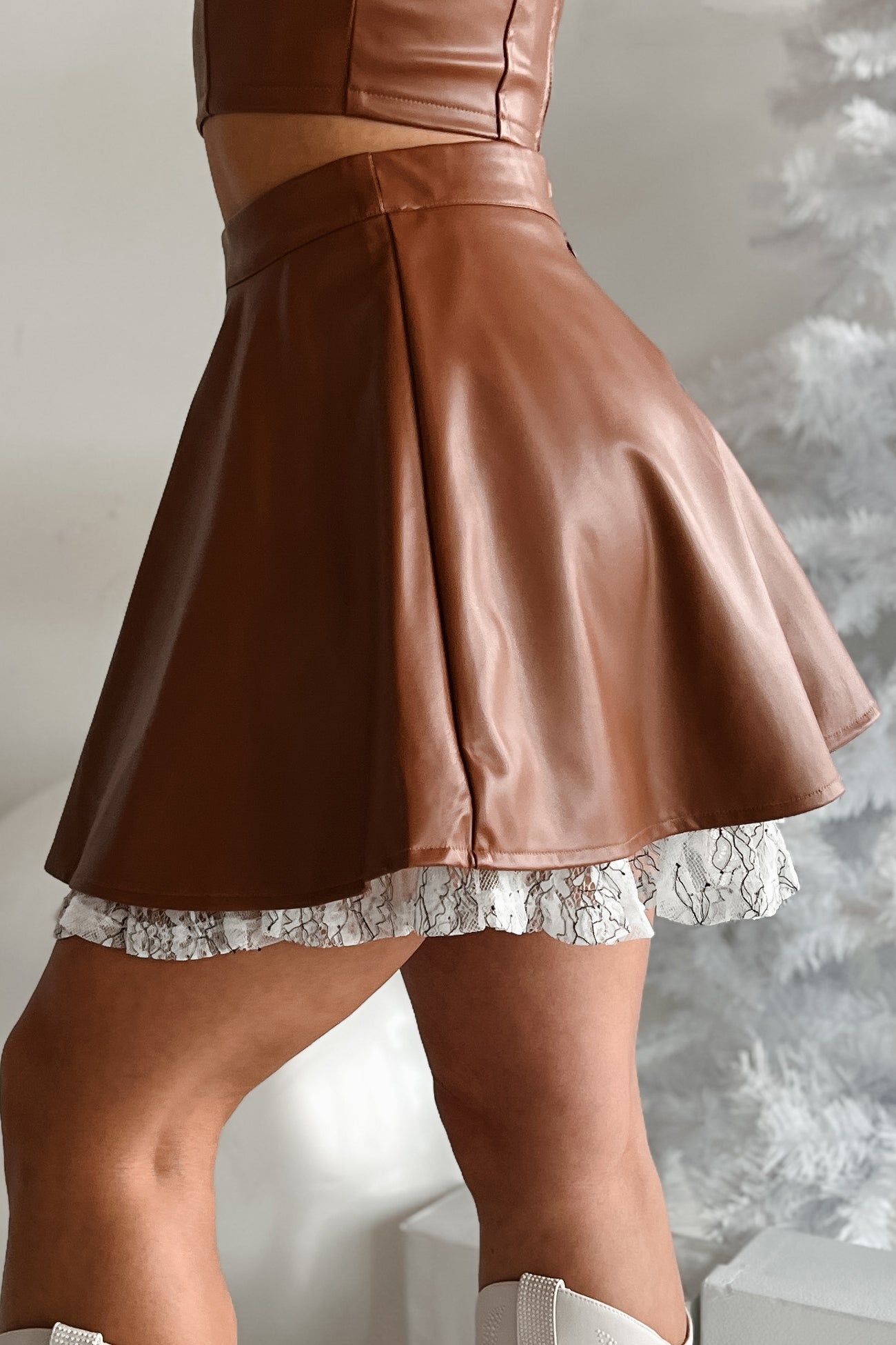 DOORBUSTER Always Flirty Ruffle Lace Faux Leather Skirt (Brown)
