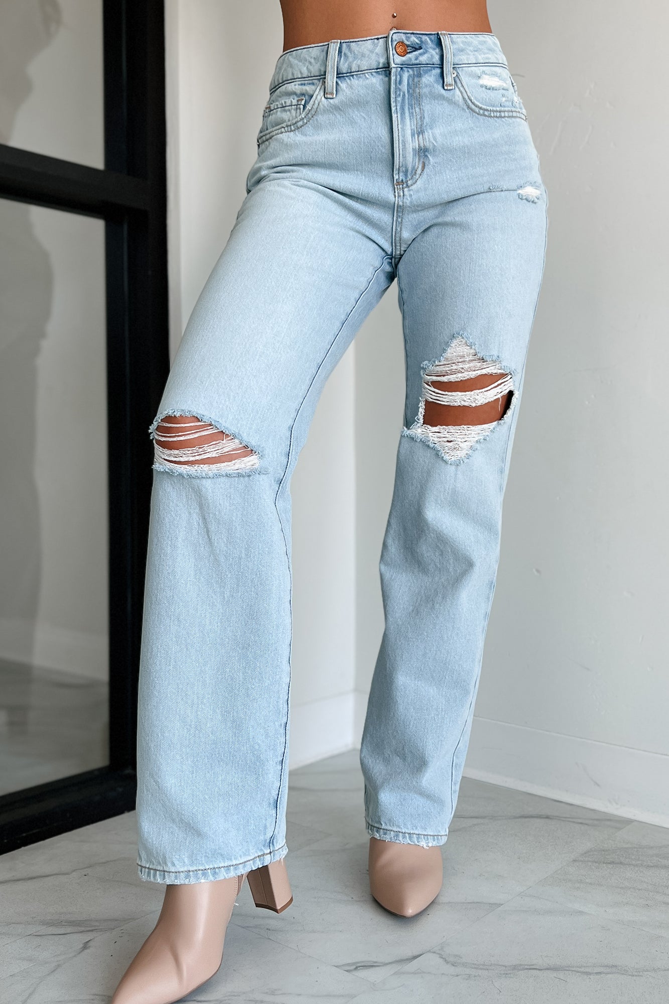 Atticus High Rise Distressed Sneak Peak Straight Leg Jeans (Light)