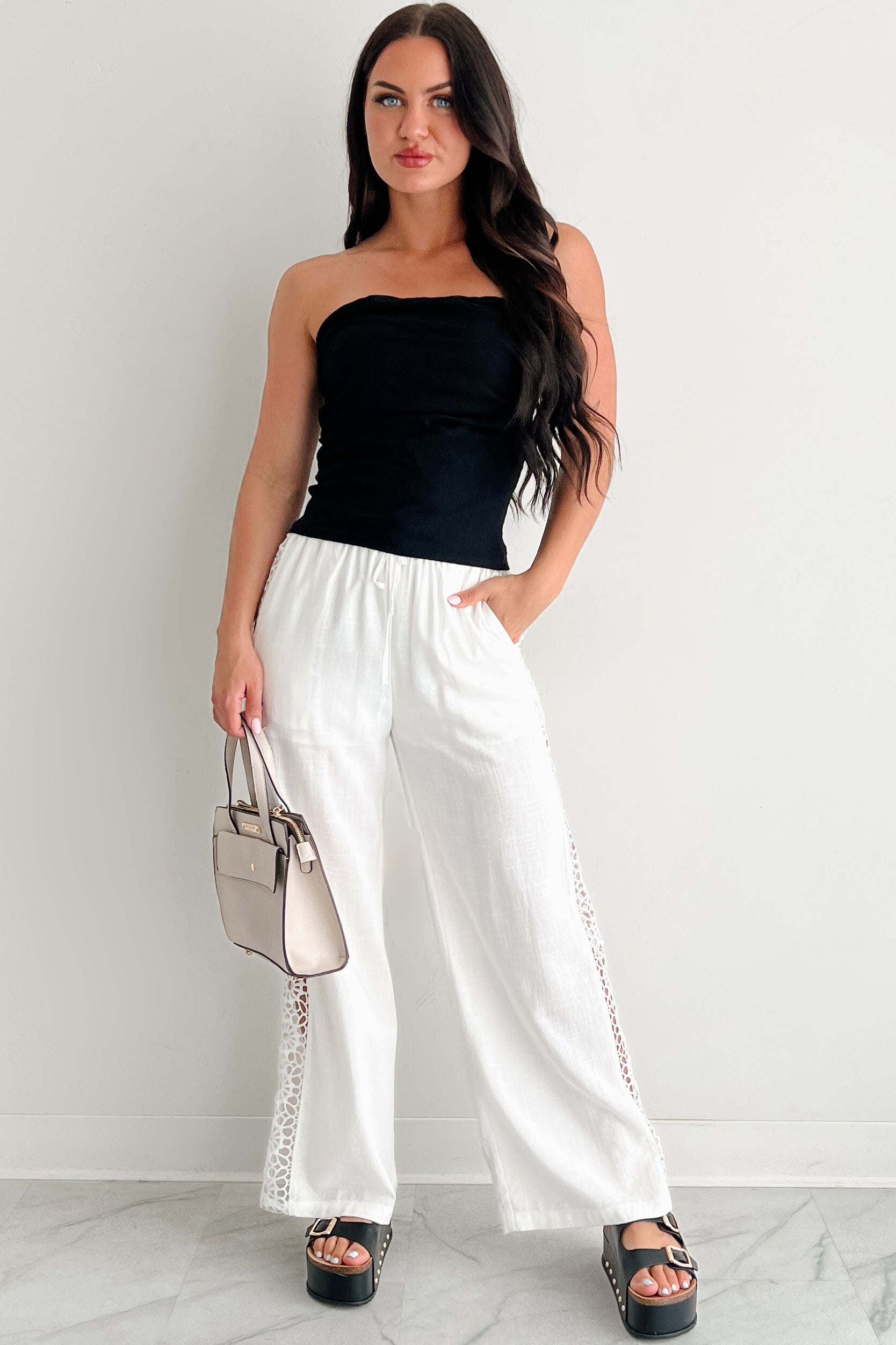 Gentle & Genuine Linen Crochet Wide Leg Pants (White)