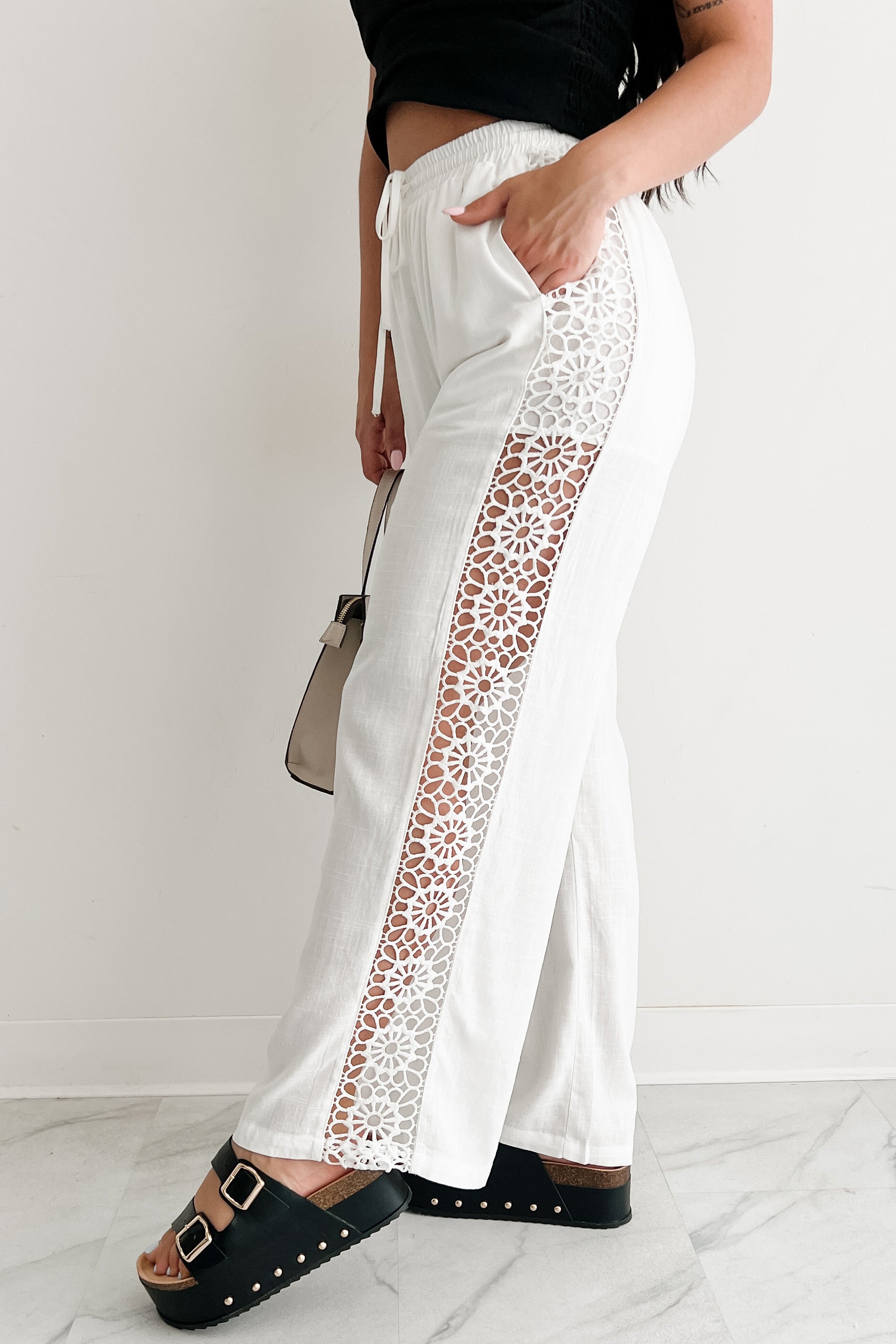 Gentle & Genuine Linen Crochet Wide Leg Pants (White)