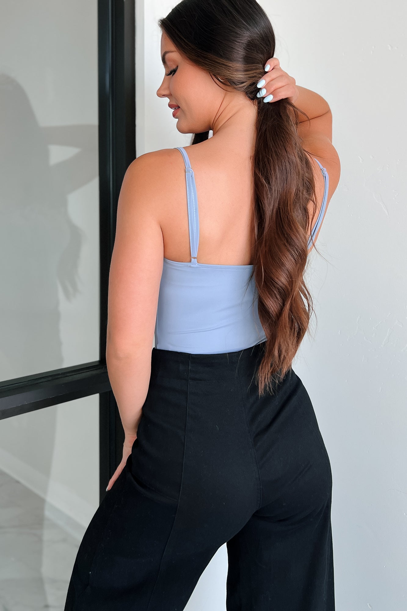 Effortless Appeal Shirred Spaghetti Strap Bodysuit (Dusty Blue)