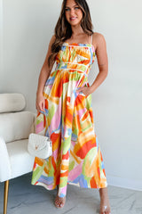 Passionate Response Printed Maxi Dress (White/Blue/Yellow)