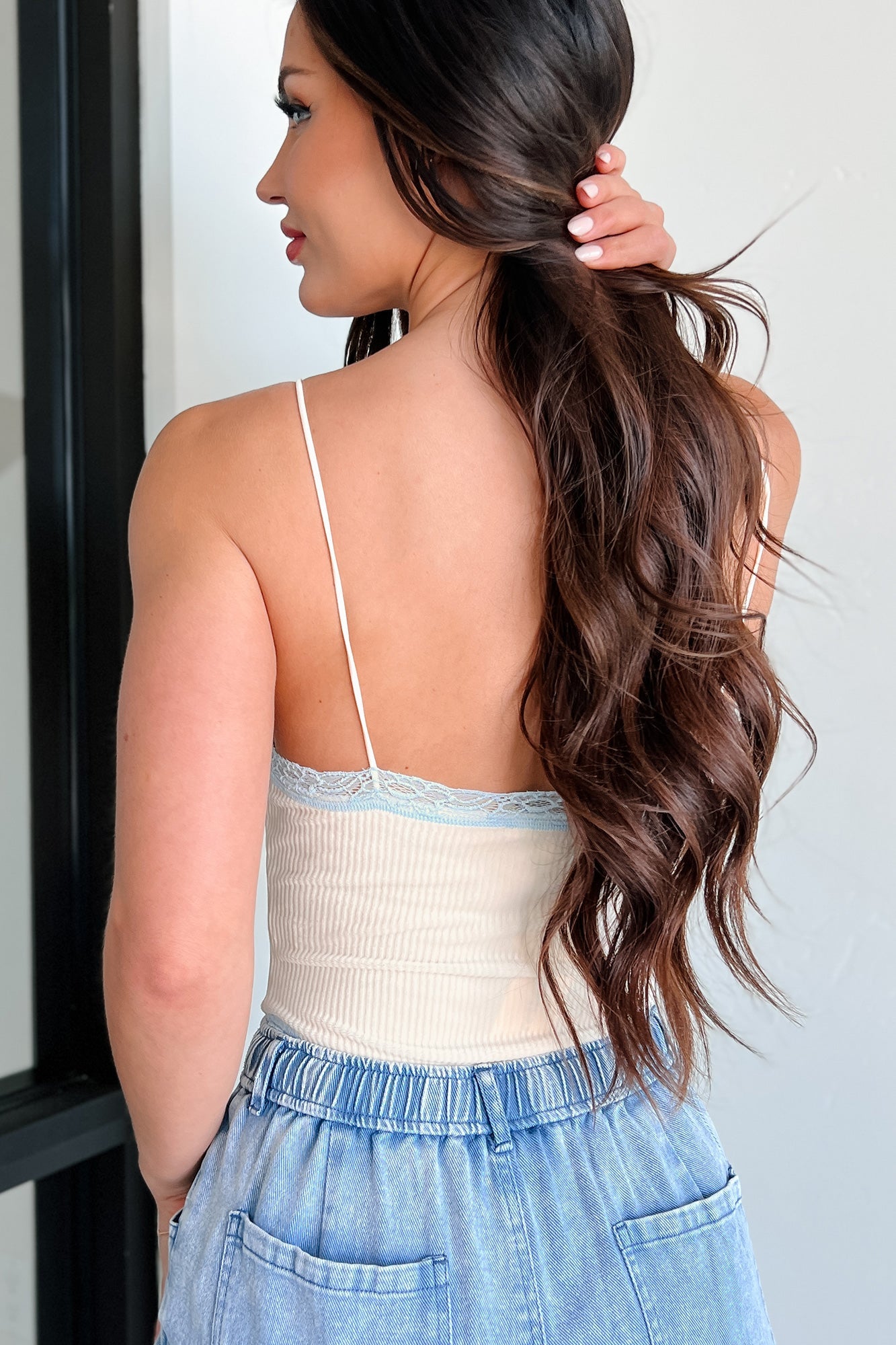 Simply Fiction Lace Trim Velvet Bodysuit (Cream/Light Blue)