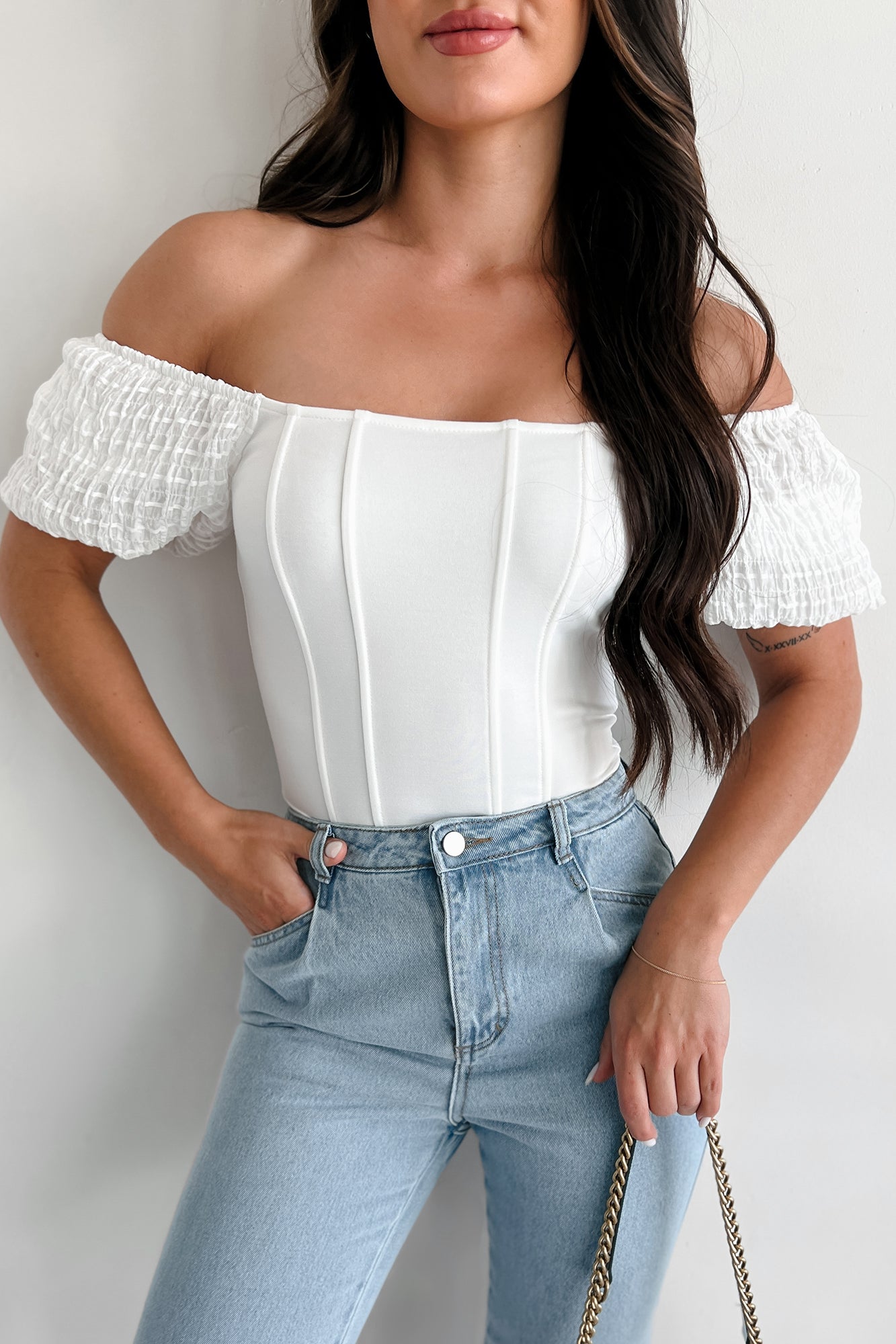 Letting You In Square Neck Corset Knit Bodysuit (Off White)