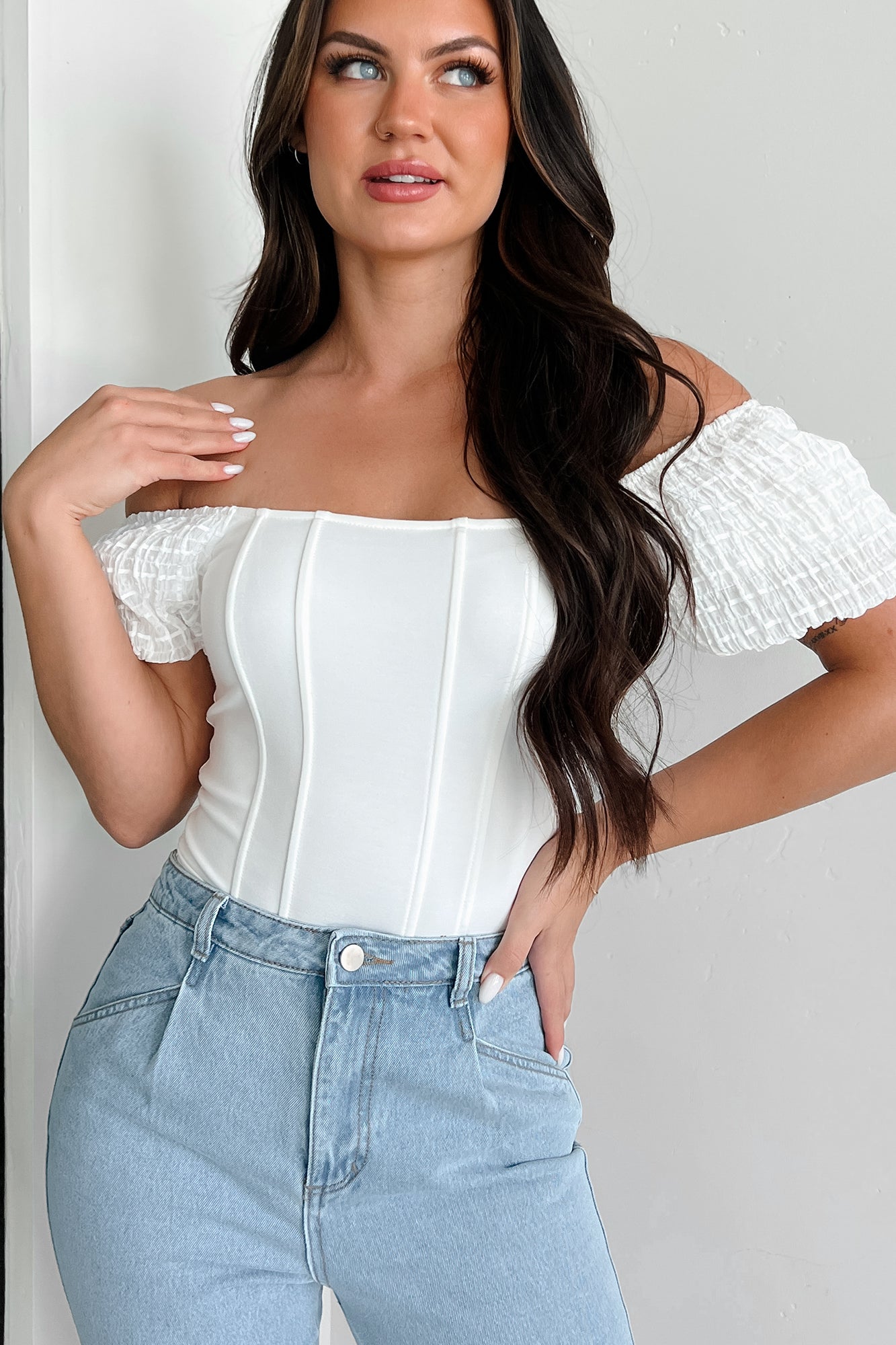 Letting You In Square Neck Corset Knit Bodysuit (Off White)
