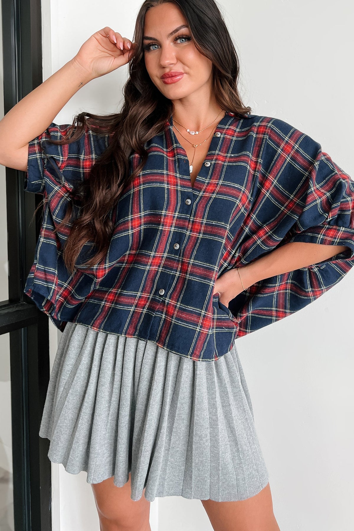 Bijou Plaid Oversized Button-Down Shirt (Navy)