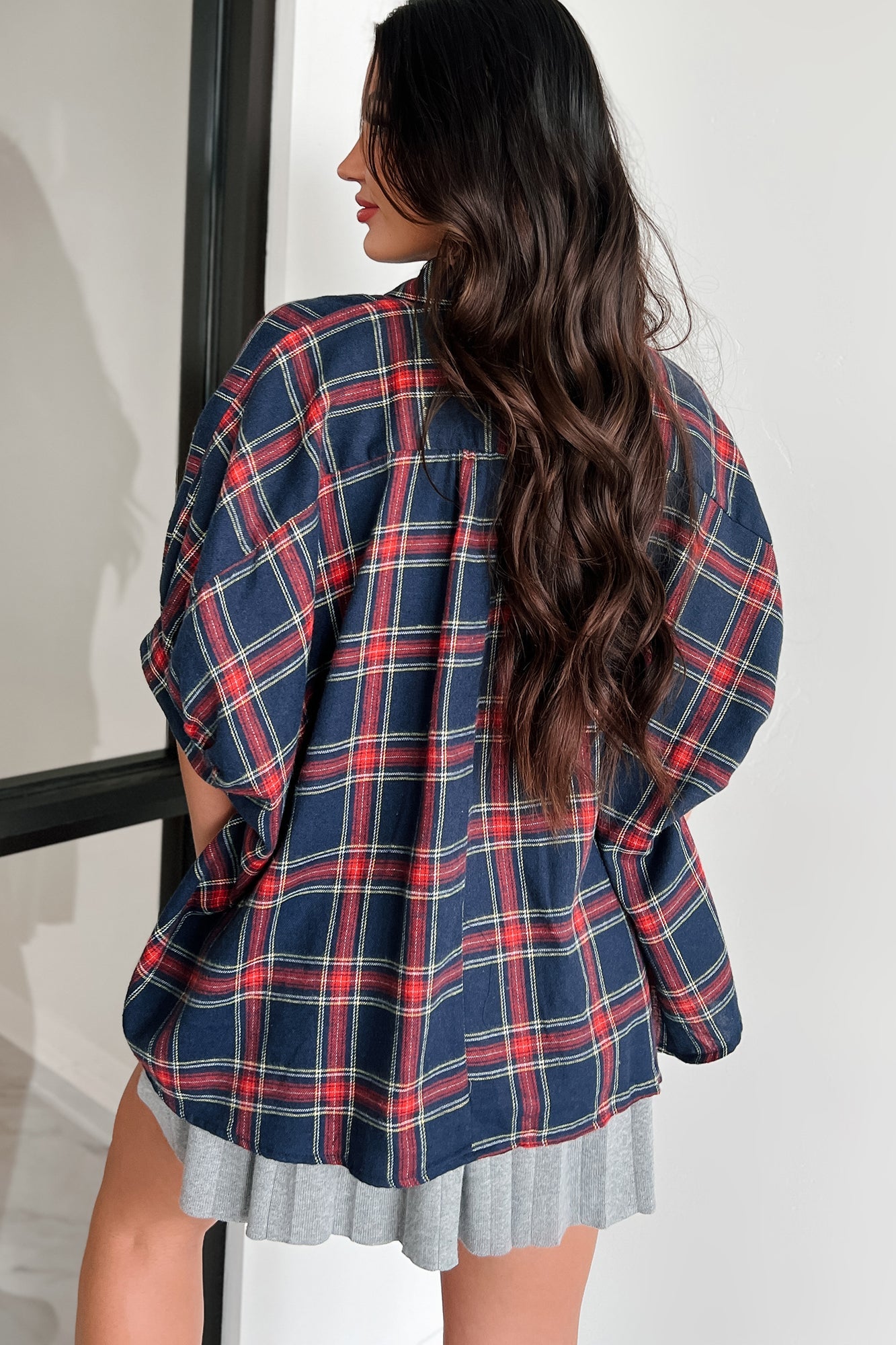 Bijou Plaid Oversized Button-Down Shirt (Navy)