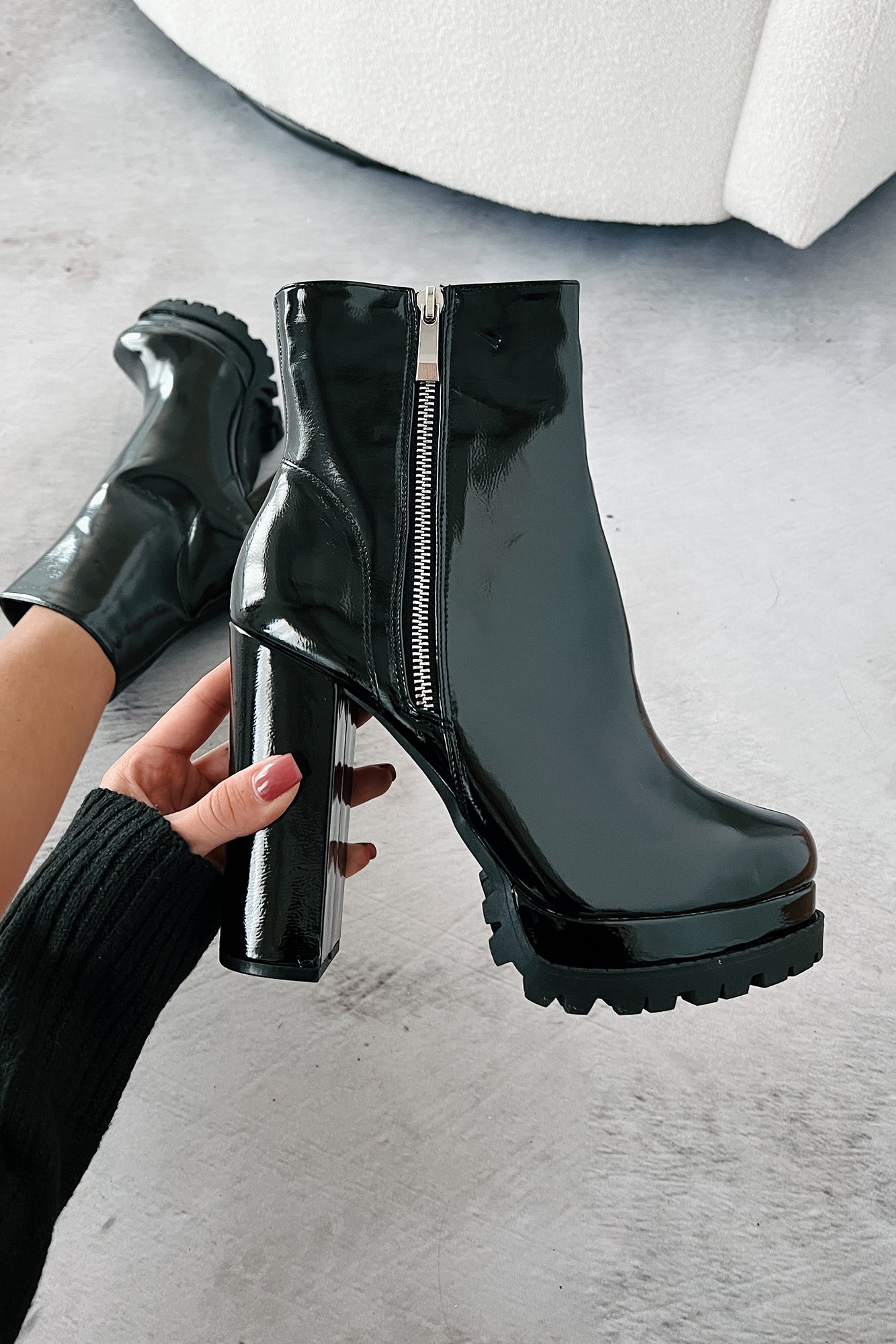 Tall Task Patent Leather Platform Booties (Black)