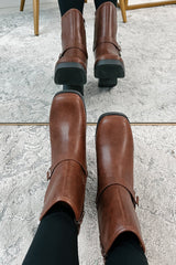 Tough As Nails Buckle Strap Chunky Biker Booties (Brown)
