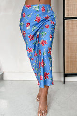 Feeling Flowerful Satin Floral Midi Skirt (Blue)