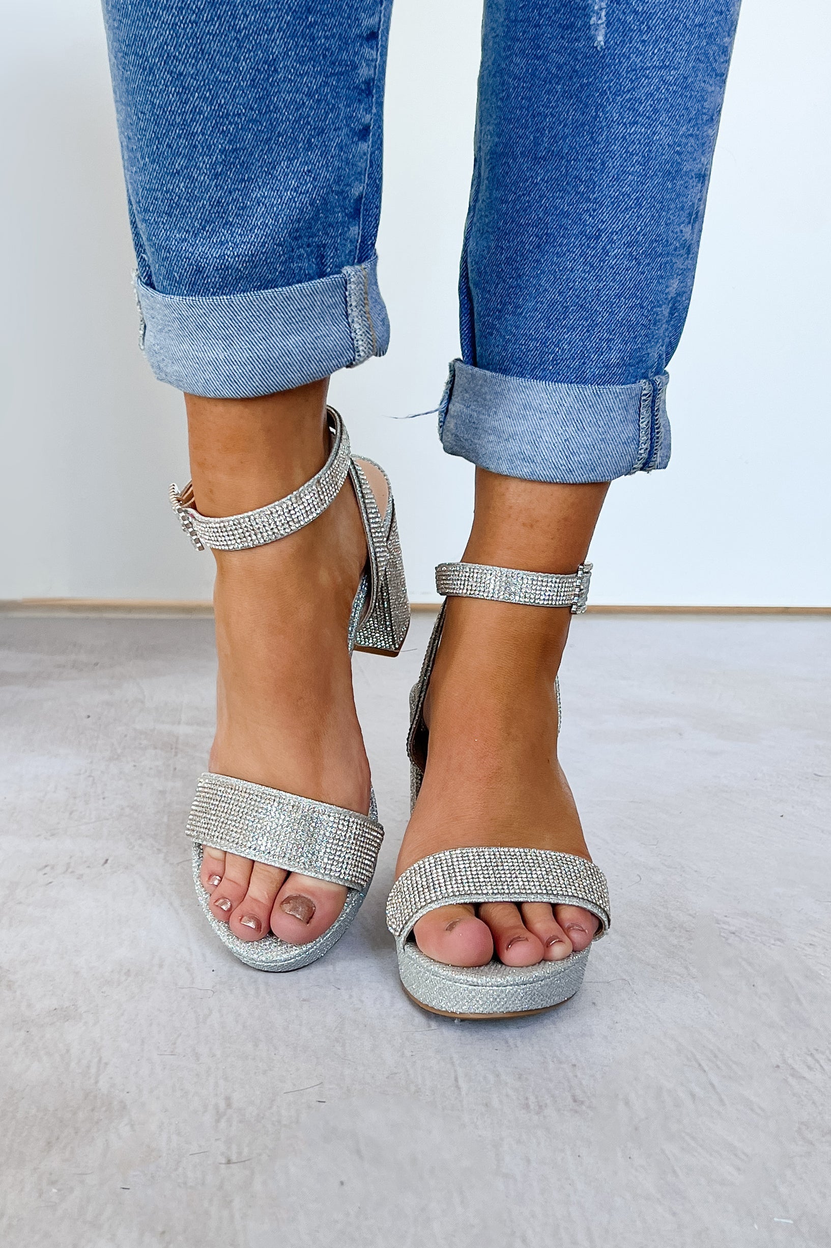 Puttin' On The Rizz Rhinestone Platform Block Heels (Silver)