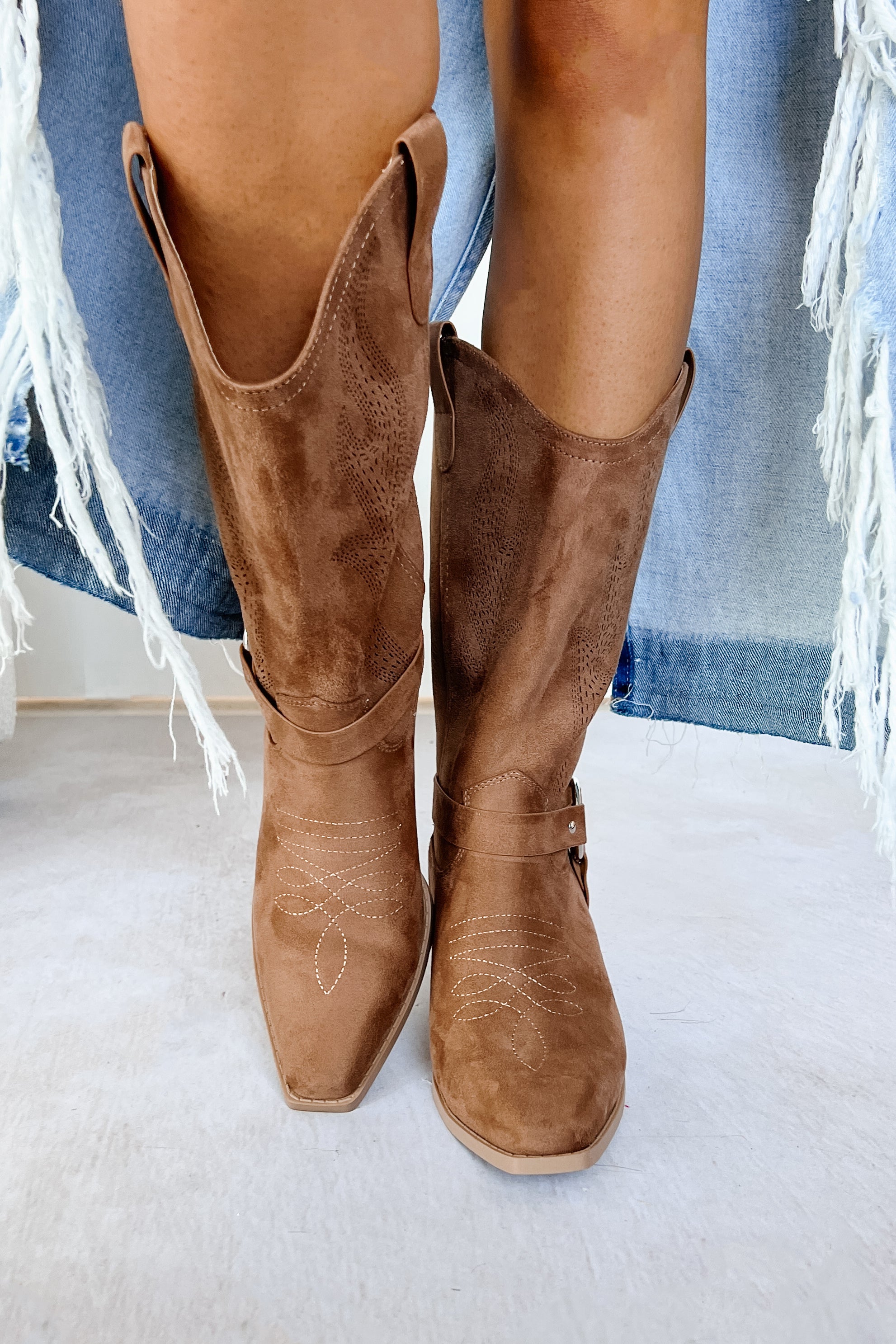Boots Made For Walkin' Embroidered Suede Boots (Tan)