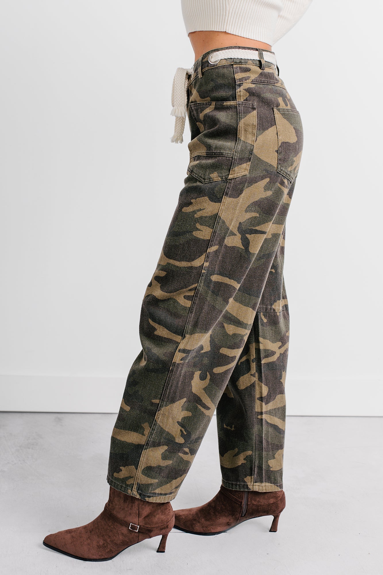 Think Of Me Denim Waist Tie Wide Leg Pants (Camo)