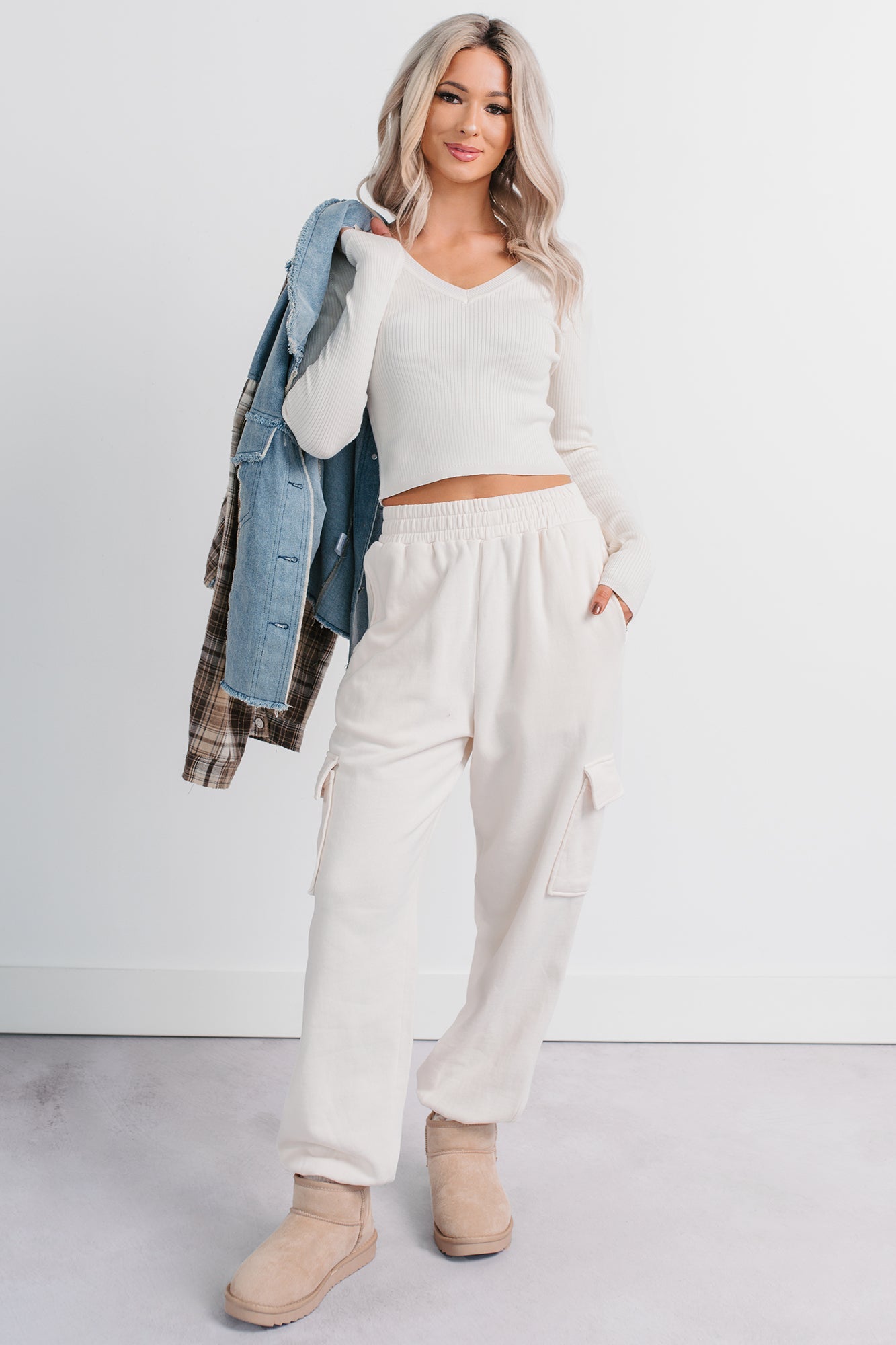 Practicing Patience Fleece Cargo Joggers (Ivory)