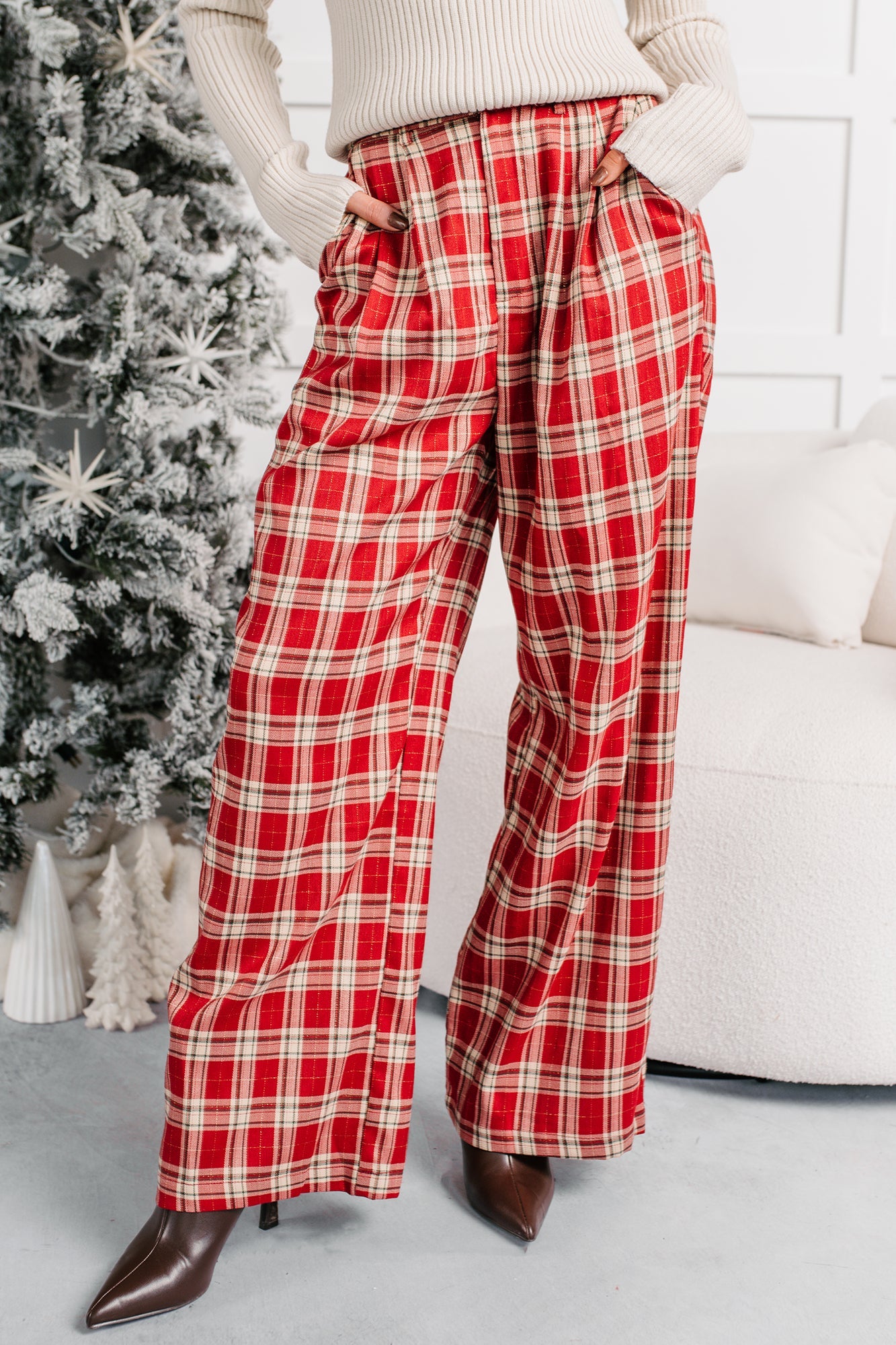Festive Fun Plaid Wide Leg Pants (Red/Multi)