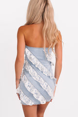 Acting Cute Floral Ruffle Denim Mini Dress (Light Denim)