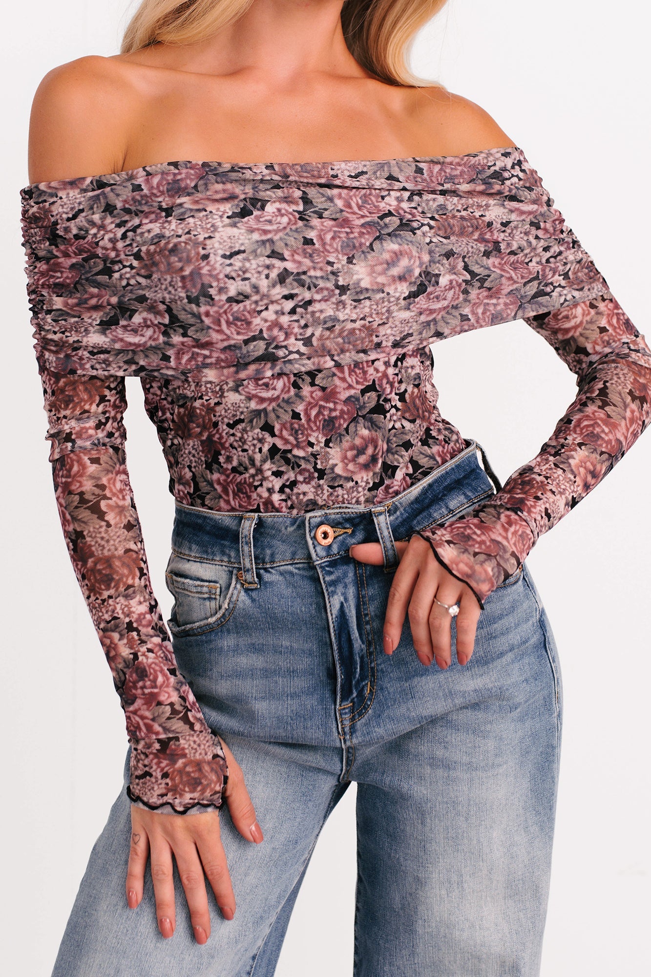 Daisy Fresh Off The Shoulder Floral Bodysuit (Black)
