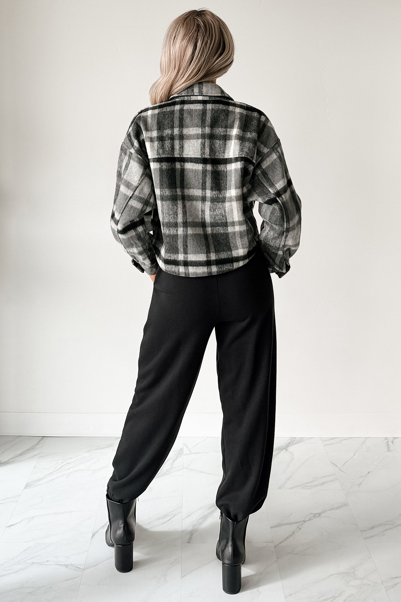 Can't Relate Plaid Button-Down Shacket (Charcoal)