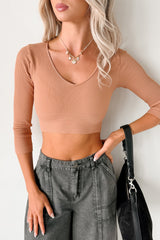 Casual Beauty Ribbed V Neck Crop Top (Mocha Mousse)