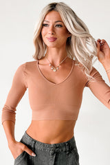 Casual Beauty Ribbed V Neck Crop Top (Mocha Mousse)