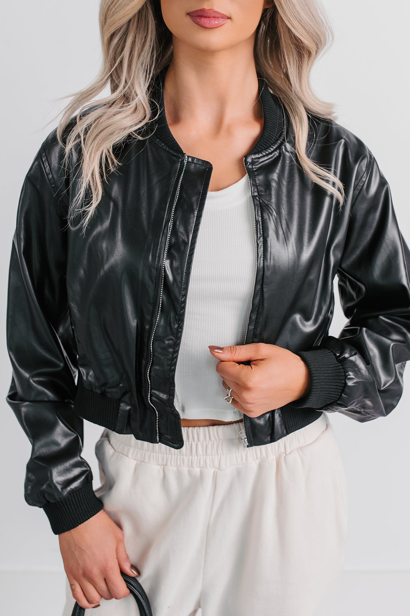 Crown Moment Faux Leather Crop Jacket (Black)
