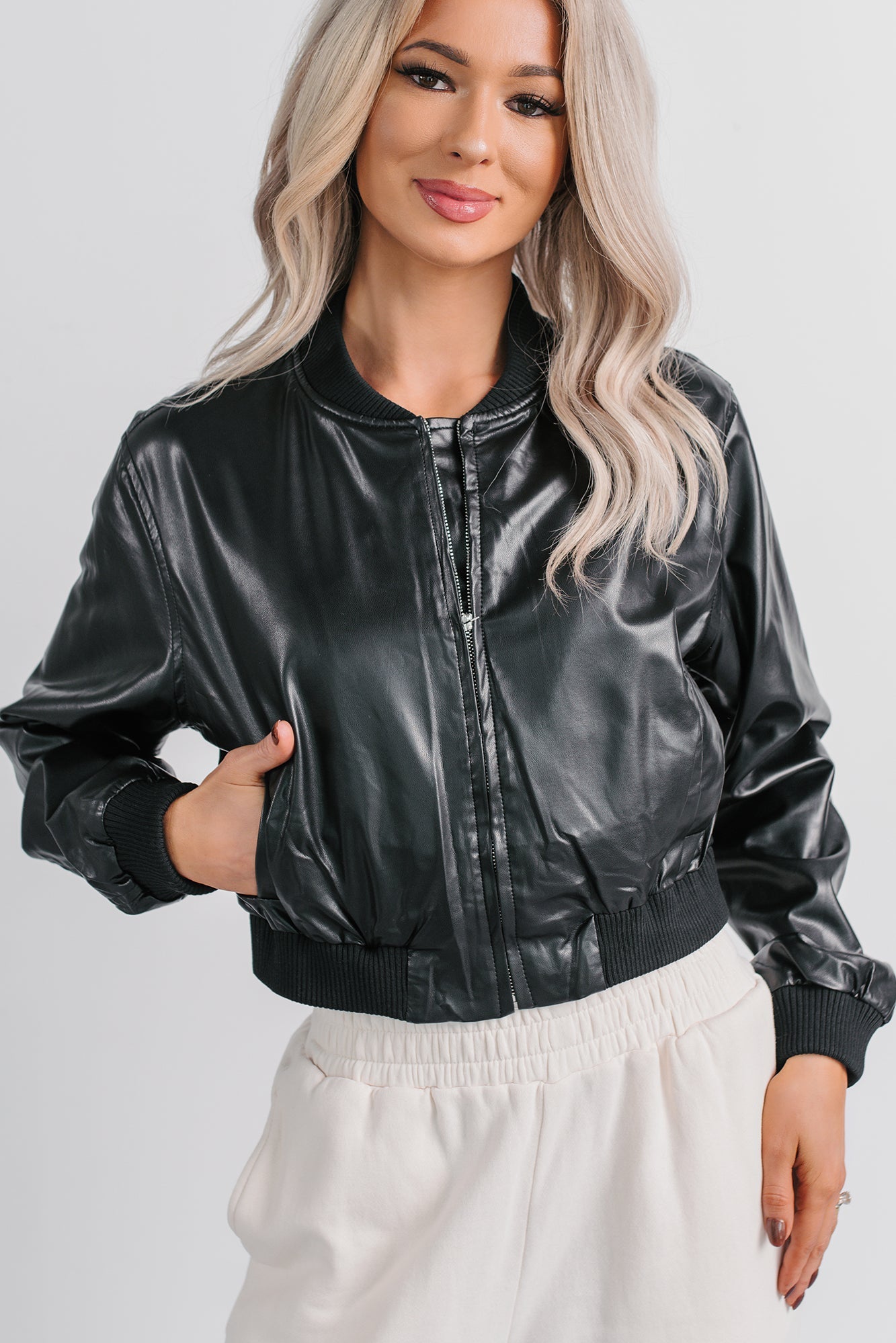 Crown Moment Faux Leather Crop Jacket (Black)