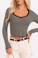 Before You Go Striped Long Sleeve Top (Black)