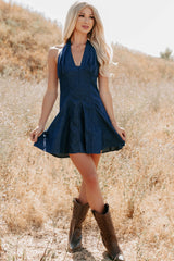 Already Iconic Halter Denim Mini Dress (Dark Blue)