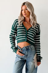 Relax & Flow Striped V Neck Cardigan Top (Dark Green/White)