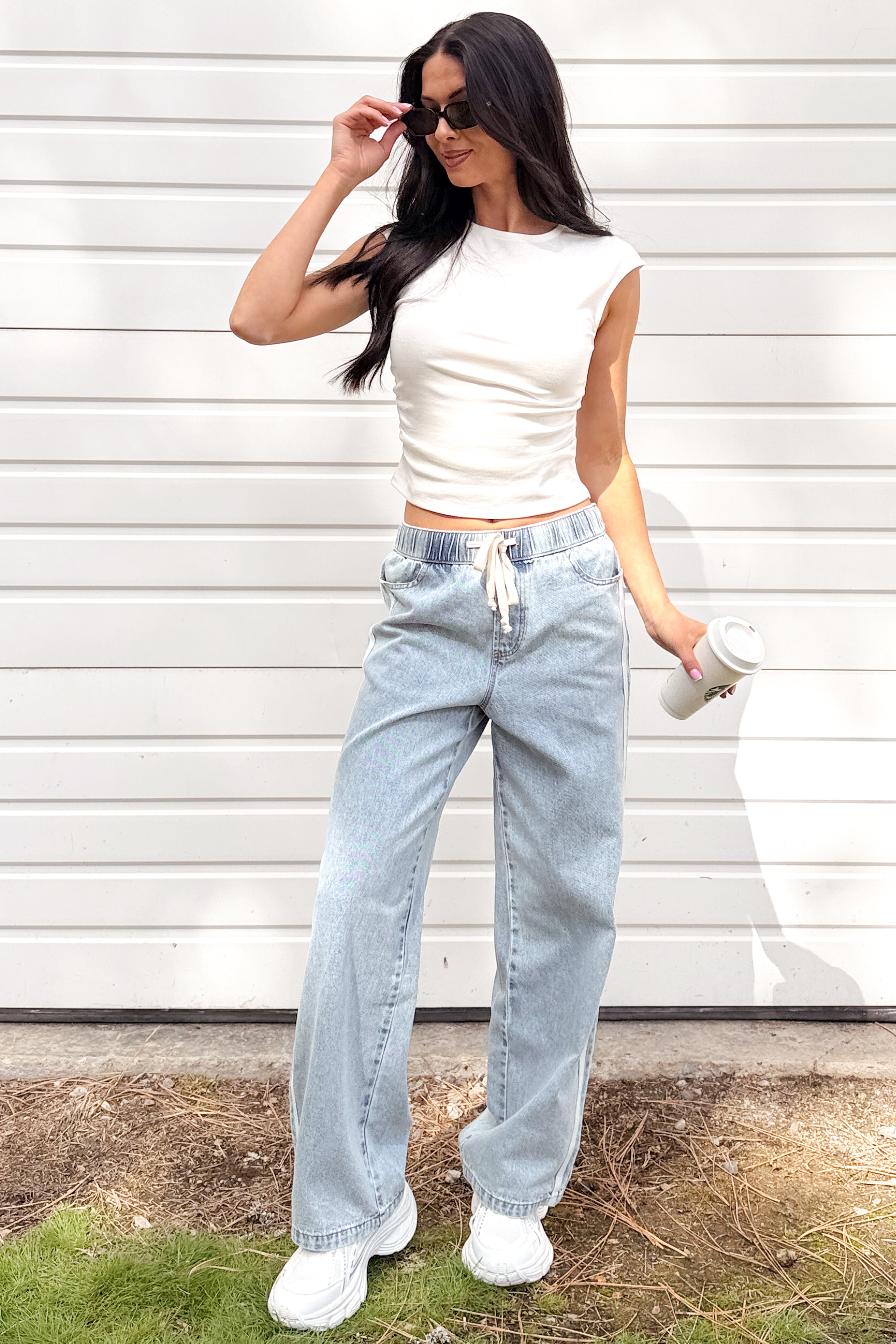 Kailer Side Stripe Wide Leg Drawstring Pants (Light Denim)