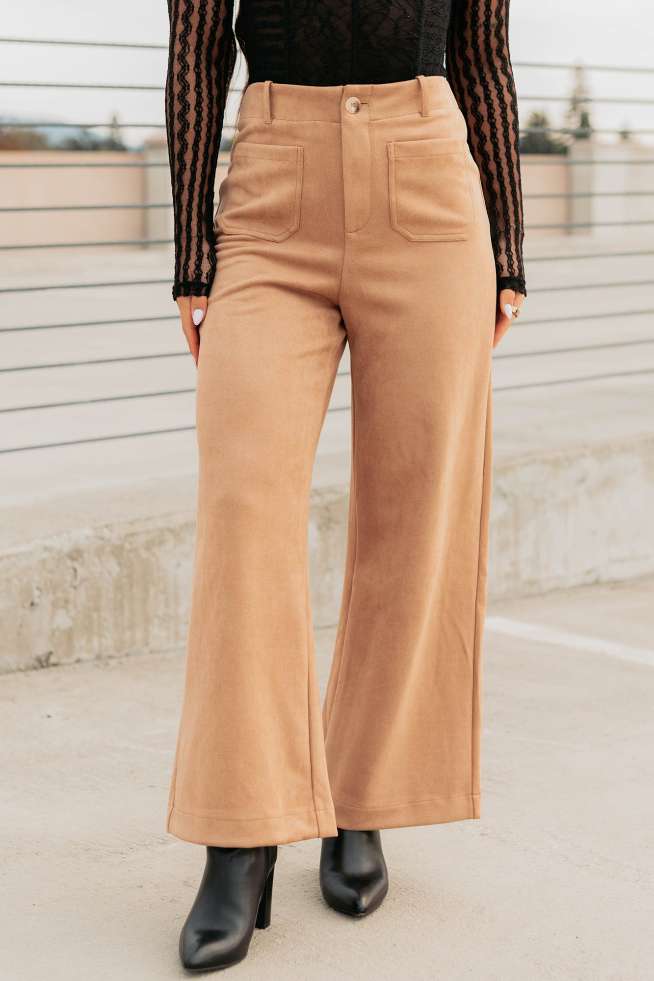 Casual Elegance Faux Suede Wide Leg Pants (Camel)