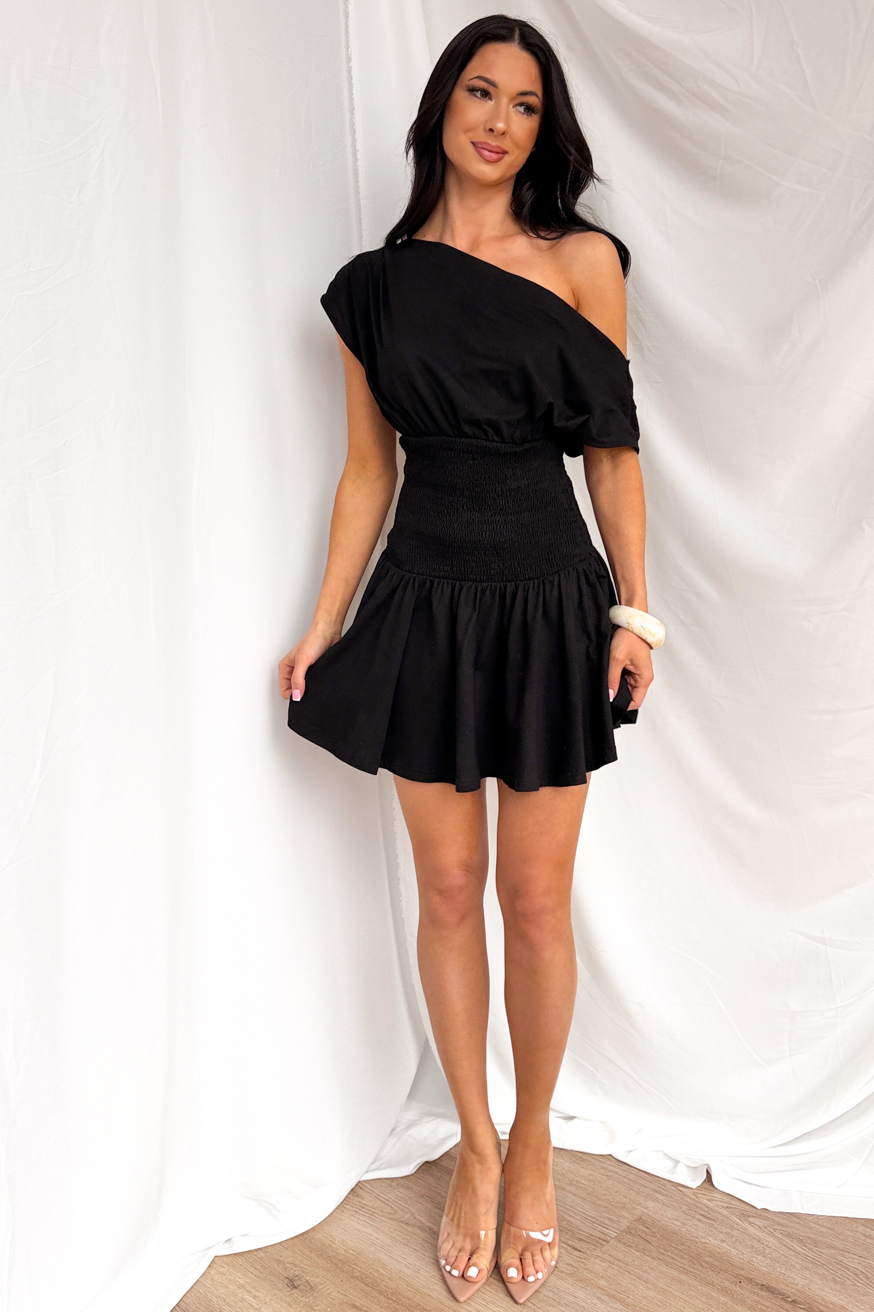 Neutral Ground One Shoulder Smocked Mini Dress (Black)
