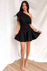 Neutral Ground One Shoulder Smocked Mini Dress (Black)