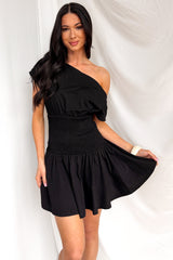 Neutral Ground One Shoulder Smocked Mini Dress (Black)