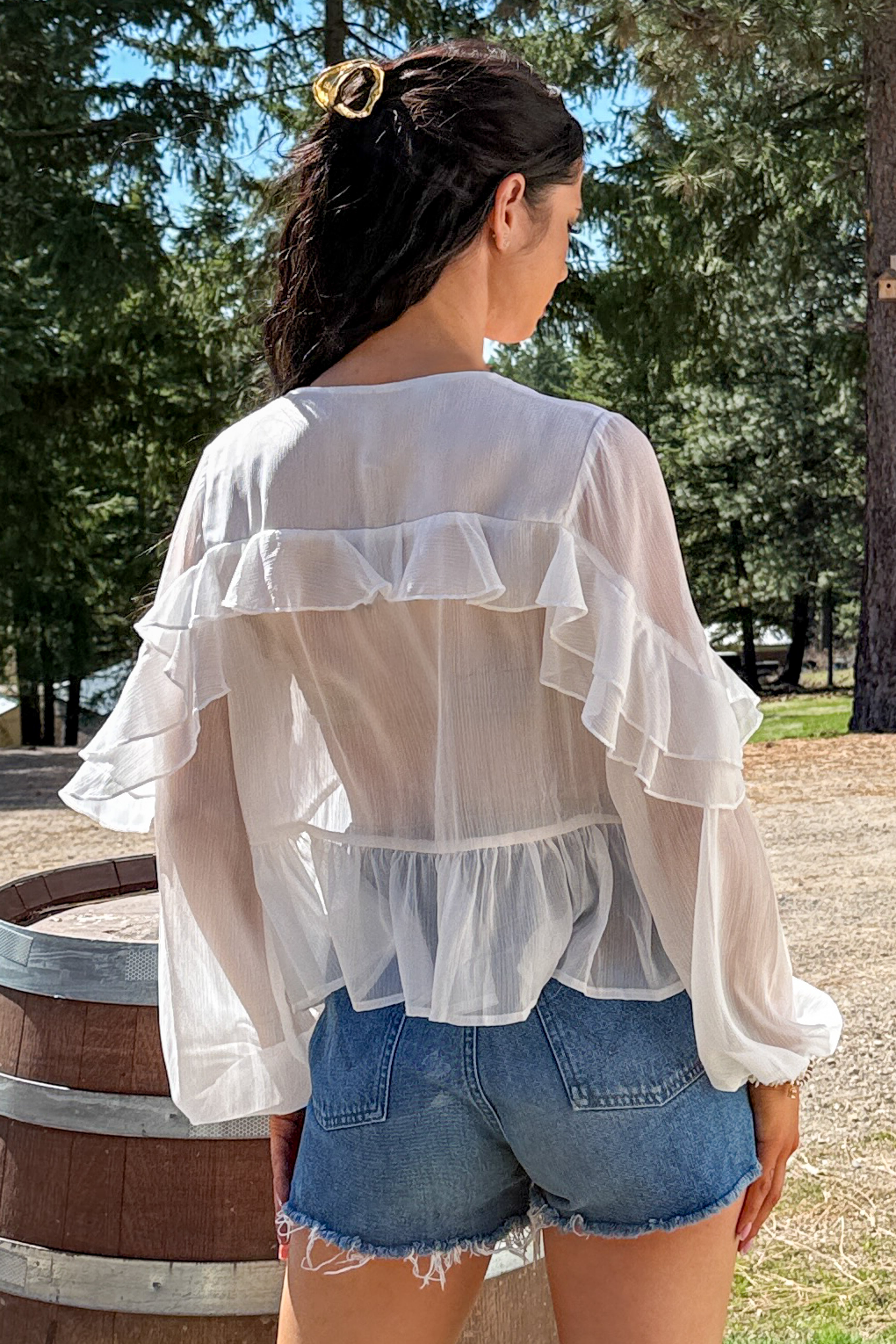Pretty Mischief Pintuck Open Tie Front Peplum Blouse (Ivory)