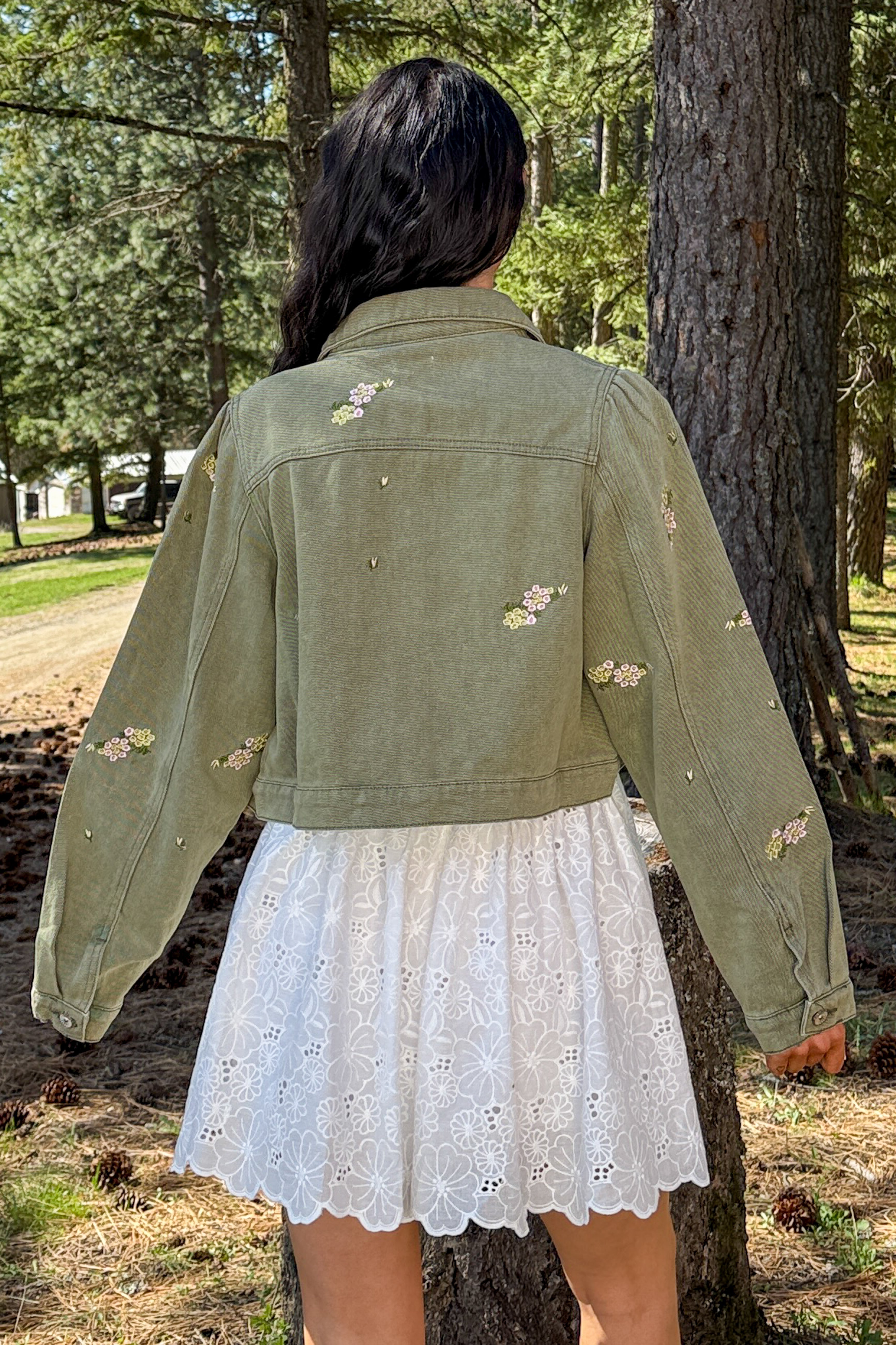 Under The Sun Floral Denim Cropped Shacket (Olive)