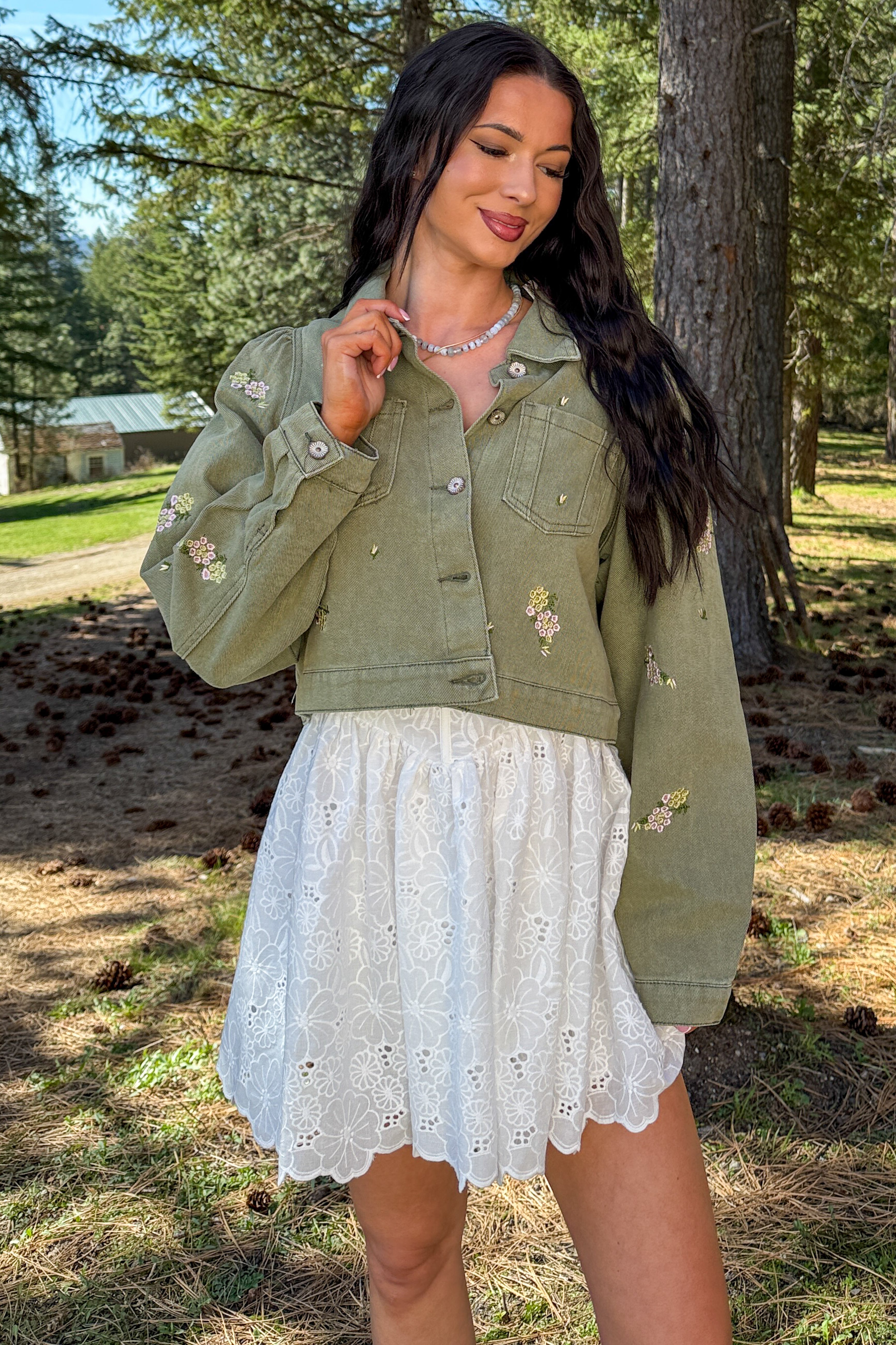 Under The Sun Floral Denim Cropped Shacket (Olive)