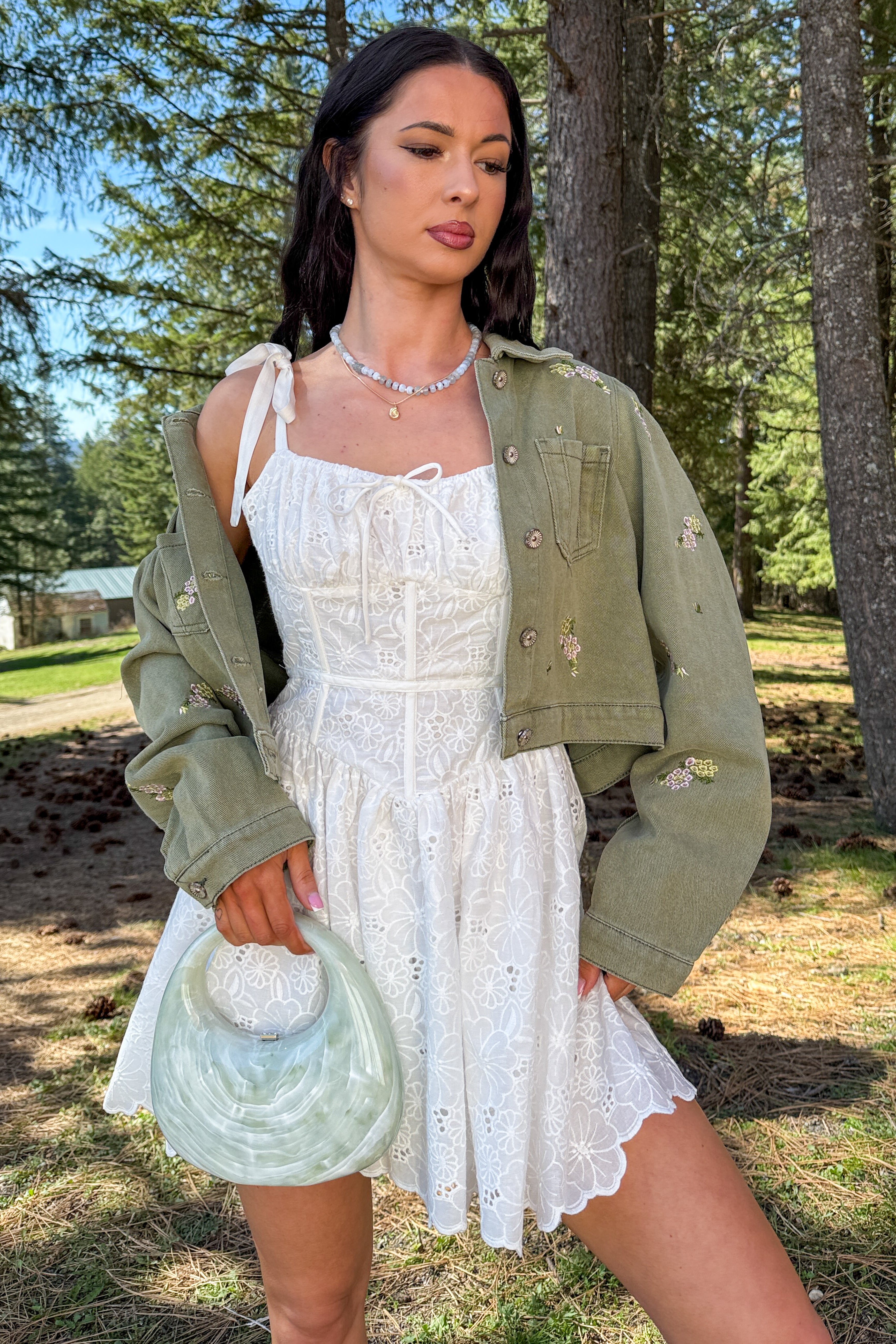 Under The Sun Floral Denim Cropped Shacket (Olive)