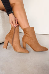 Under Control Faux Suede Heeled Booties (Taupe)