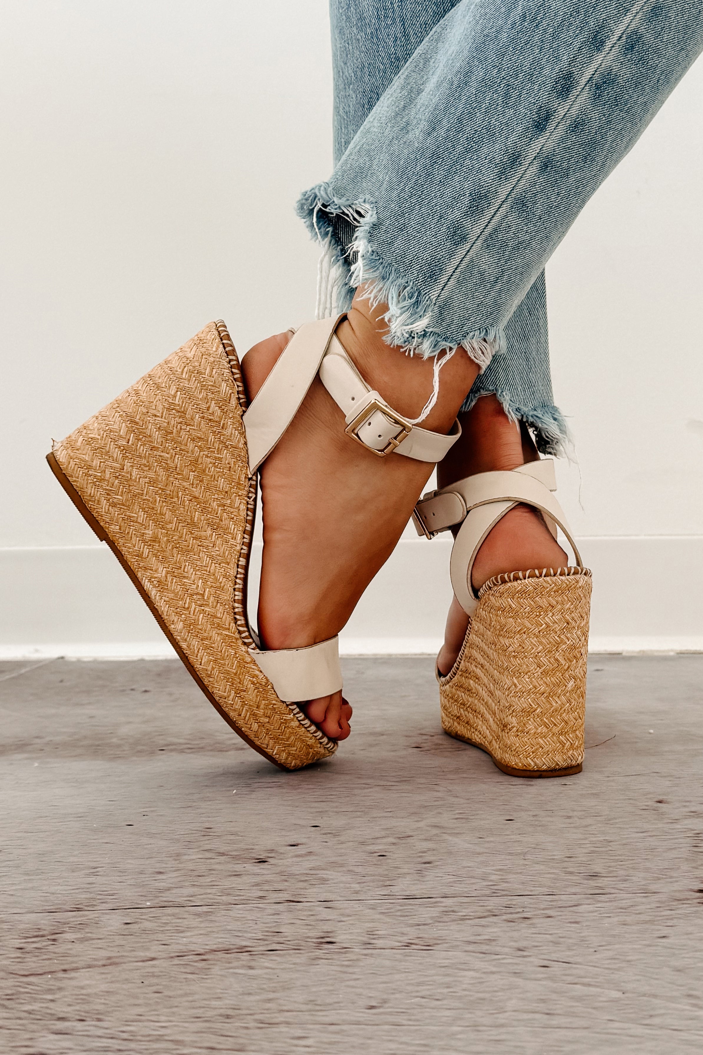 High-End Aura Espadrille Ankle Strap Wedges (Off White)