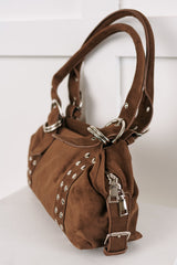 Fierce Calm Studded Faux Suede Bag (Dark Brown)