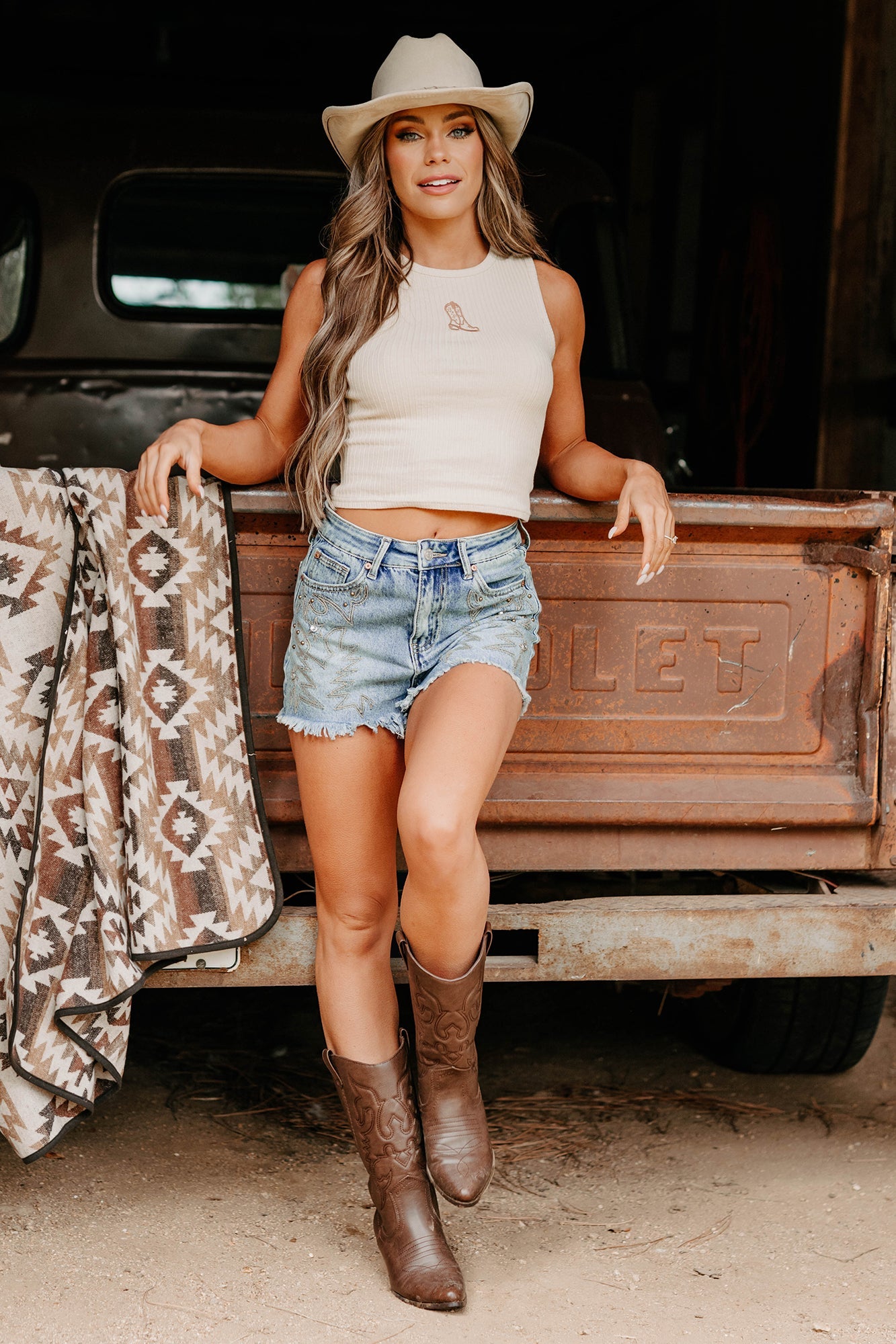 Somewhere Still Boot Embroidered Tank Top (Taupe)