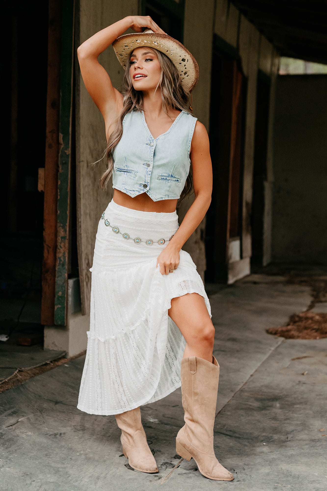 Lacy Daze Tiered Lace Midi Skirt (Off White)