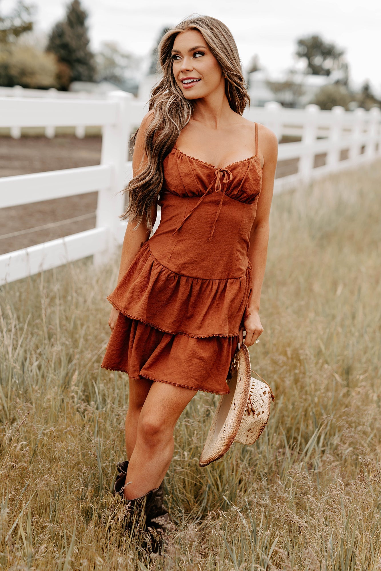 Cottage Cutie Ruffle Tier Mini Dress (Brown)
