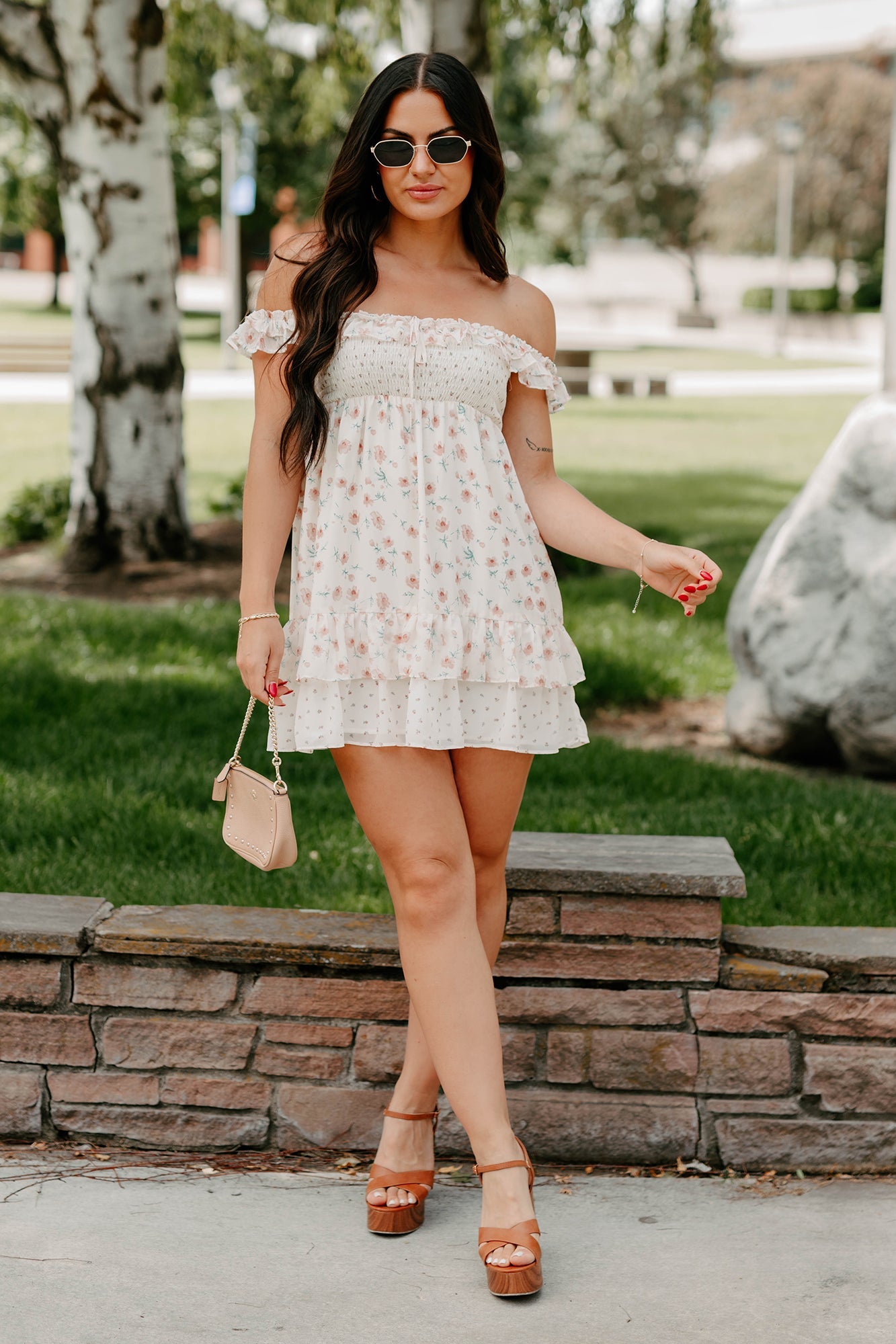 Becoming Her Off The Shoulder Floral Mini Dress (Cream)