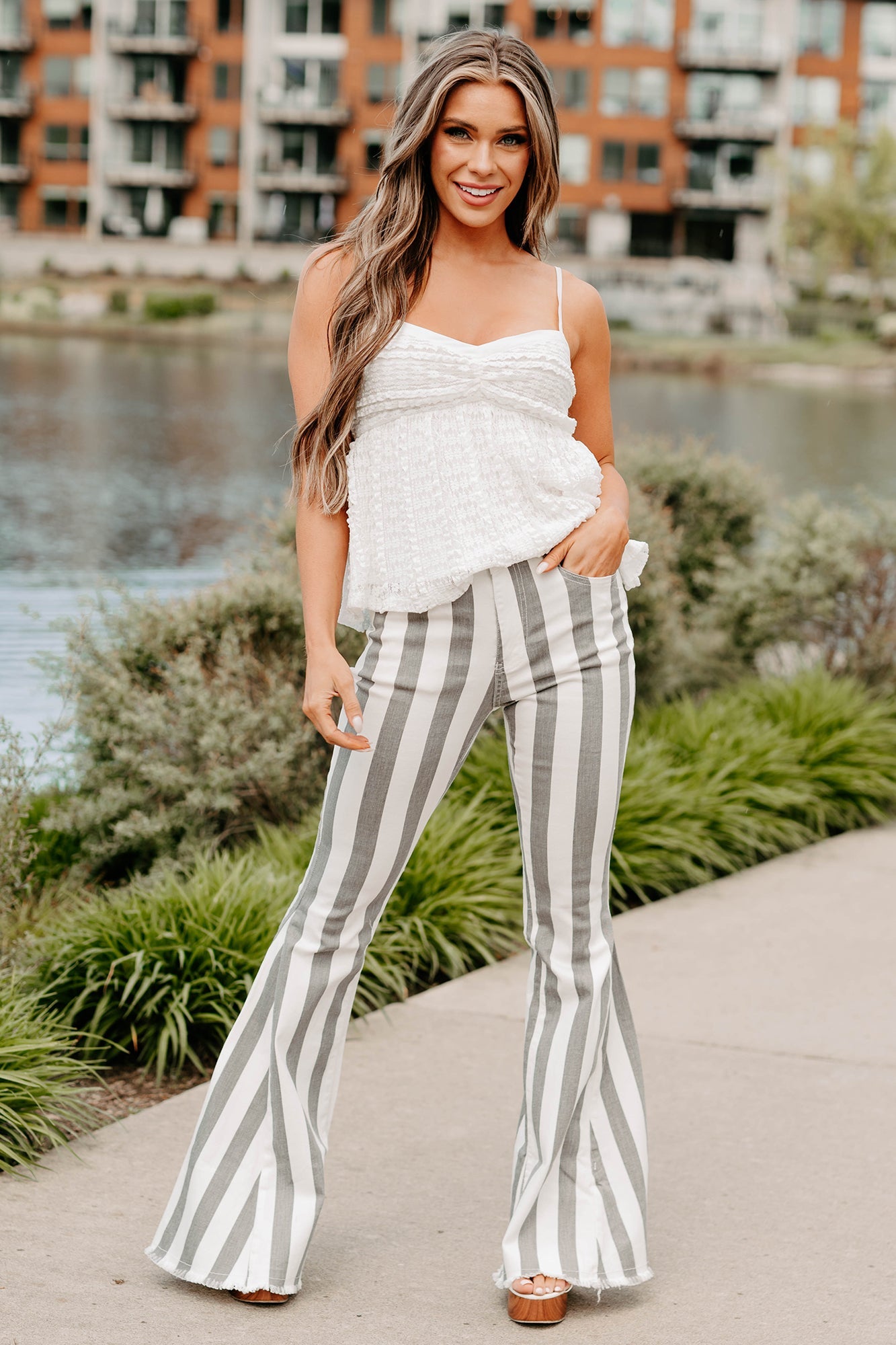 Certified Flirt Striped Flare Jeans (White/Charcoal)