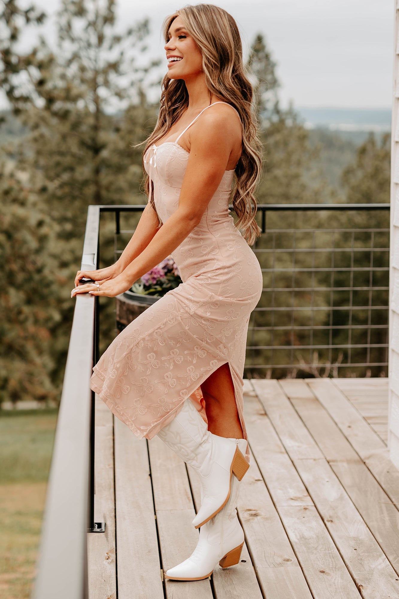 Forever On My Mind Bow Print Midi Dress (Blush)