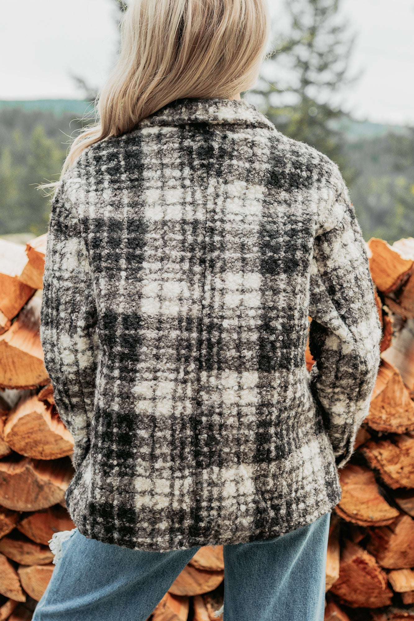 Deadline Driven Plaid Boucle Button-Up Jacket (Black)